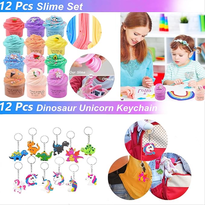 96Pcs Slime Party Favors for Kids,Unicorn Party Favors Birthday Gift with Hands Sticky,Scratch Bookmark,Dinosaur Slap Bracelets,Mini Slinky,Paper Treat Bags for Boys Girls Fun Fidget Toys