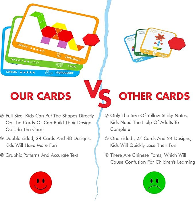 300 PCS Wooden Pattern Blocks Set for Kids with 24 Double-Sided Design Cards(48 Patterns) and Storage Bag in Gift Box,Fun Montessori Learning Toys