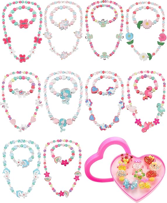 30 Pieces Girl Princess Necklace Bracelet Jewelry Set Includes 10 Sets Girls Beaded Necklace Bracelet and 10 Rings with Plastic Heart Shaped Box for Dress Up Party Cosplay Accessories