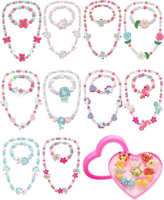 30 Pieces Girl Princess Necklace Bracelet Jewelry Set Includes 10 Sets Girls Beaded Necklace Bracelet and 10 Rings with Plastic Heart Shaped Box for Dress Up Party Cosplay Accessories