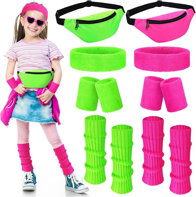 Giegxin 2 Set 80s Leg Warmers Set for Girls Kids Neon Ribbed Knit Leg Warmers Fitness Headband Wristbands for Cosplay Party