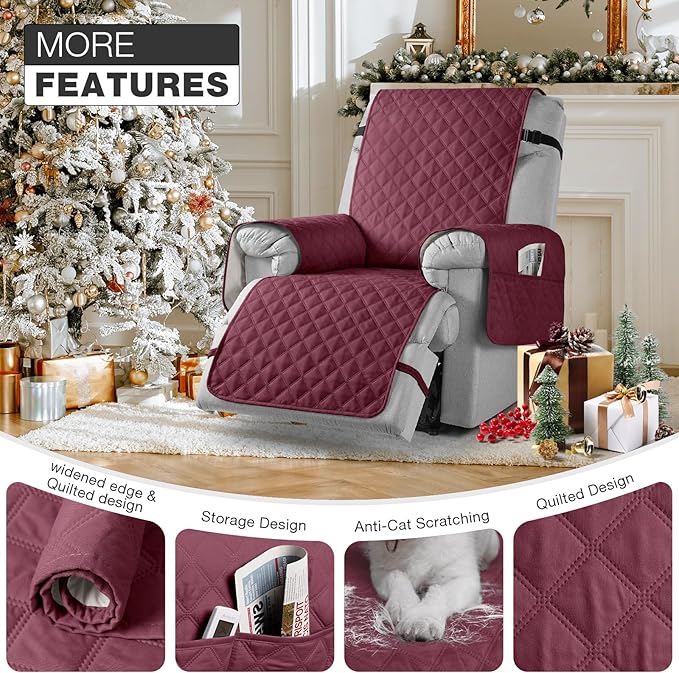 TAOCOCO Non-Slip Recliner Chair Cover Sofa Slipcover, Pet Cover for Large Recliner with Elastic Straps, Washable Chair Seat Cover Recliner Chair Furniture Protector (28'' Oversized, Wine)
