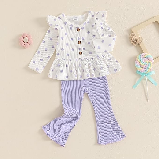 Mubineo Toddler Baby Girl Clothes Cute Ribbed Outfits Knit Long Sleeve Shirt Tops Bell Bottom Pant Fall Winter Outfit