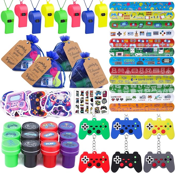 134 Pcs Video Game Party Favors, Includes Video Game Slap Bracelet Keychain Stamper Whistle Mesh Bag Card Stickers Tattoos for Kids Gaming Party Favors Birthday Goodie Bag Fillers