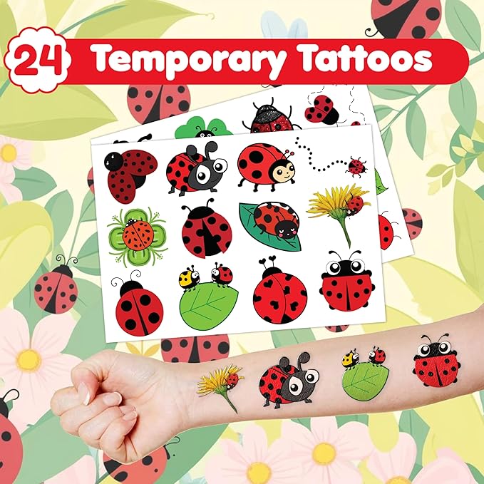 48 PCS Ladybug Party Favors 24PCS Tattoos Sticker 24PCS Slap Bracelets Wristbands Perfect for Themed Birthday Baby Showers or Classroom Rewards Ideal Decor and Gifts for Girls and Boys