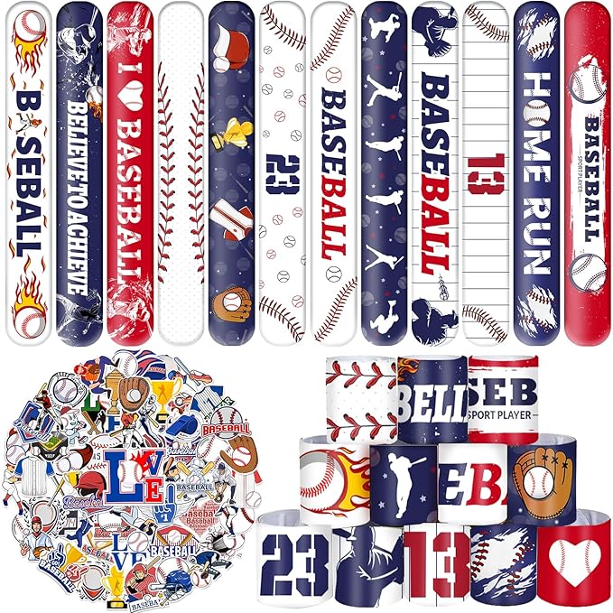 74PCS Baseball Party Favors 24PCS Baseball Slap 50PCS Baseball Stickers Bracelets Baseball Themed Party Favors Birthdays Party Decorations for Sport Game Player Kids Gifts