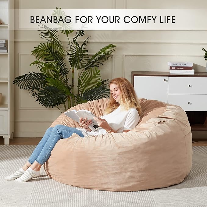 Homguava Bean Bag Chair: Giant Bean Bags with Memory Foam Filled, Large Beanbag Chairs Soft Sofa with Dutch Velet Cover 6FT(58"×58"×28")-Khaki
