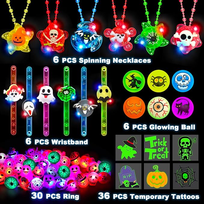 84Pcs Halloween Party Favors for Kids, Glow in The Dark Halloween Toys Bulk Light Up Rings Necklaces Bracelet Halloween Goodie Bag Fillers Stuffers Halloween Treats for Classroom Prizes Trick or Treat