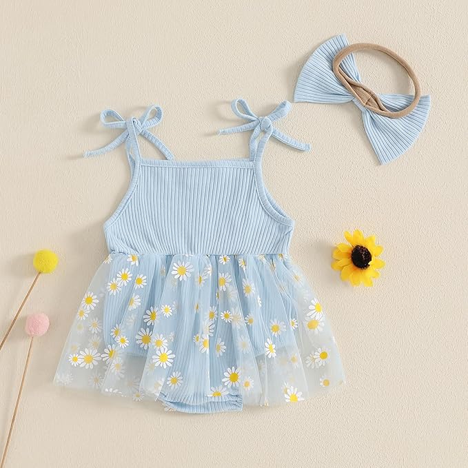 Baby Girl Clothes Daisy Ribbed Bodysuit Sleeveless Romper Dress Summer Outfit for Girls Newborn 3 6 9 12 18 Months