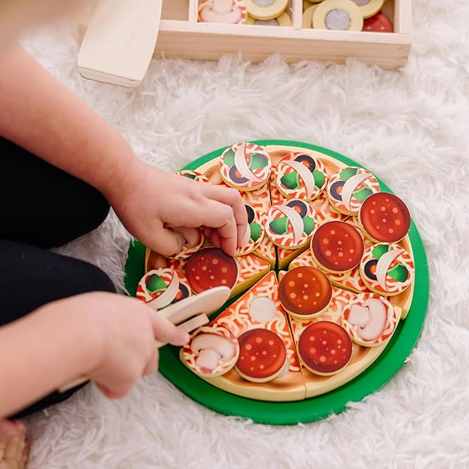 Melissa & Doug Pizza Party Wooden Pretend Play Food Set With 36 Toppings, Preschool Toy Pretend Food, Play Wooden Pizza And Cutter, Toy For Kids Ages 3+