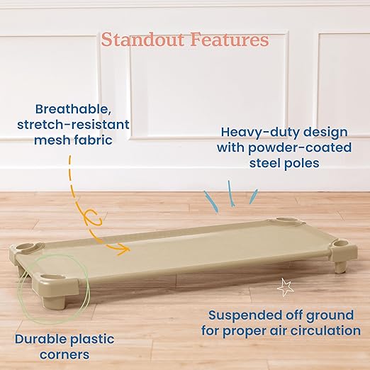ECR4Kids Stackable Kiddie Cot, Ready-to-Assemble, Standard Size, Classroom Furniture, Sand, 6-Pack