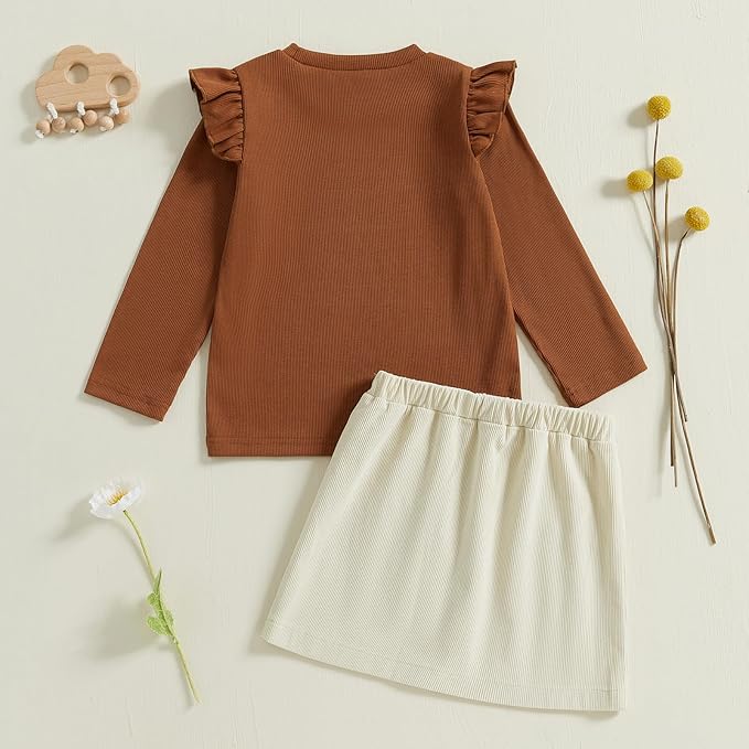 Fernvia Toddler Baby Girl Fall Winter Skirt Set Turtleneck Ribbed Long Sleeve T-Shirt Top & Plaid Skirts Dress 2Pcs Outfits