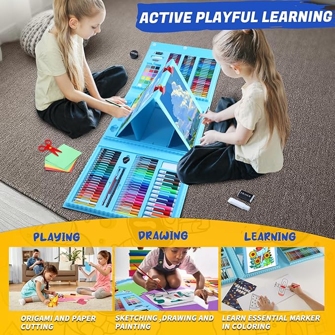 All in One Art Supplies, Art Kit Includes Easel, Origami Paper, Colored Pencils, Crayons, Drawing Book, Coloring Book, Watercolor Pens, Markers and Oil Pastels, Gifts for Girls Boys Teens, Blue