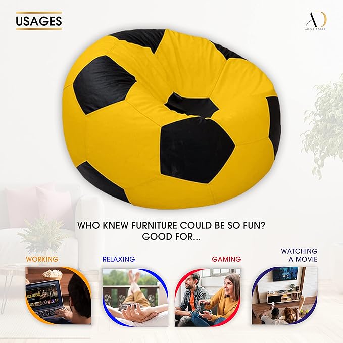 Ample Decor Soccer Bean Bag Cover (Filler Not Included), Leatherette Durable Double Stitched Material Sturdy Zippers, Ideal for Children and Teenagers - Yellow and Black