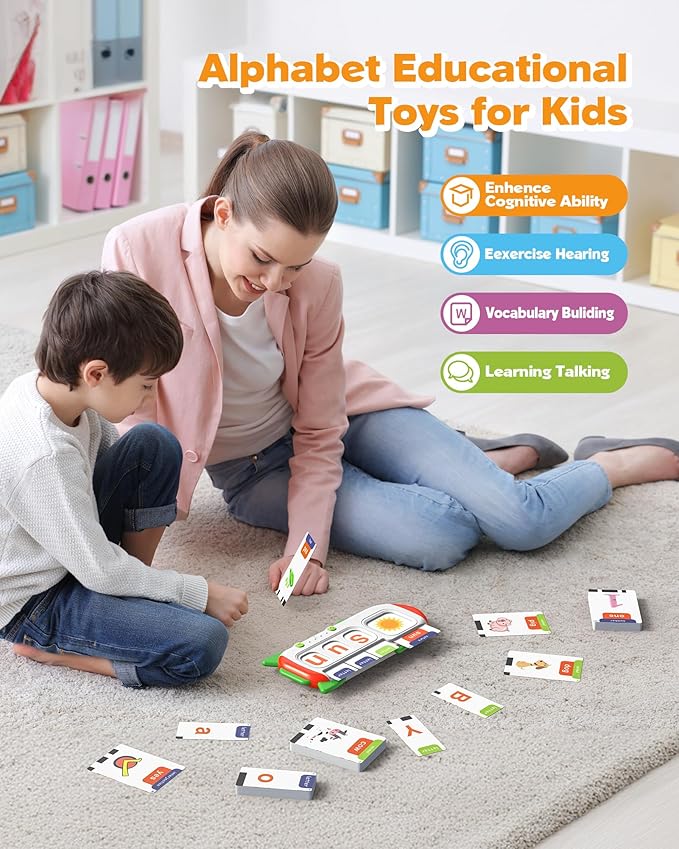 Alphabet Talking Flash Cards for Kids 3+ Years Old, Spelling Games, Teach Kids ABC Letters & Words, Montessori Learning Toys, Combine Words Based on Pictures, for Preschool Boys Girls