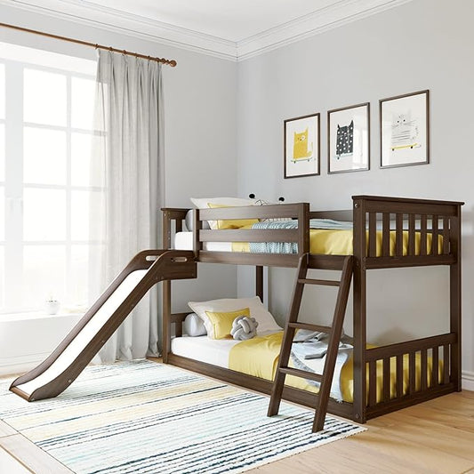 Max & Lily Twin Over Twin Low Bunk with Slide and Ladder, Wooden Bunk beds with 14” Safety Guardrail for Kids, Toddlers, Boys, Girls, Teens, Bedroom Furniture, Walnut