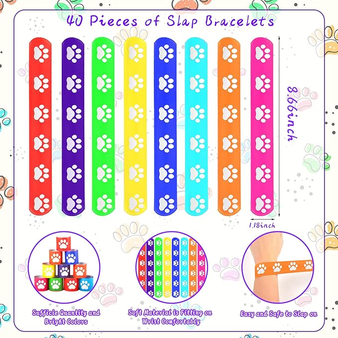 40 Pcs Dog Paw Print Slap Bracelets,Dog Party Favors Bracelets for Kids Pet Party Decorations Paw Print Snap Wristbands for Pet Theme Party Birthday