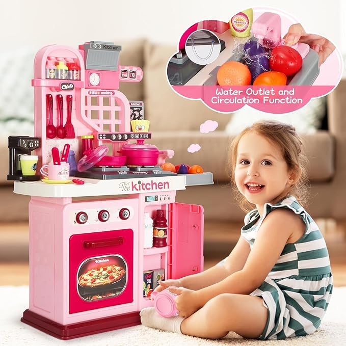 Kids Kitchen Playset, 27.1 Inches Play Kitchen with Sound and Light, Kitchen Set for Toddlers 1-3 3-5, Cooking Stove, Play Sink and Kitchen Accessories, Toddler Kitchen Playset(Pink)