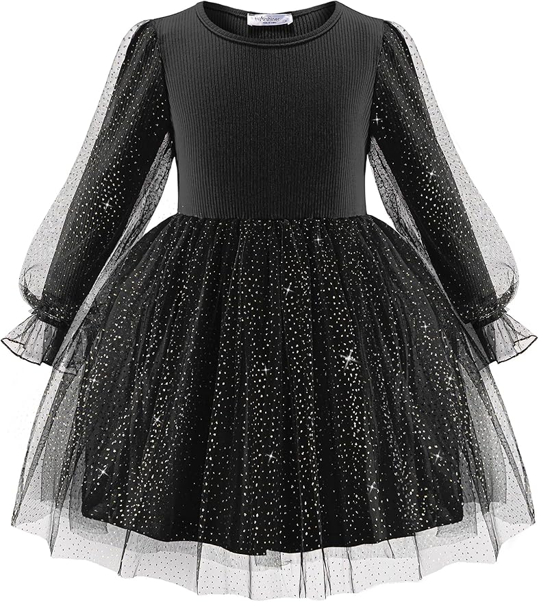 Arshiner Toddler Christmas Dress Girls Sequin Tulle Puff Long Sleeves Tutu Dress Princess Birthday Party Clothes 1-6T