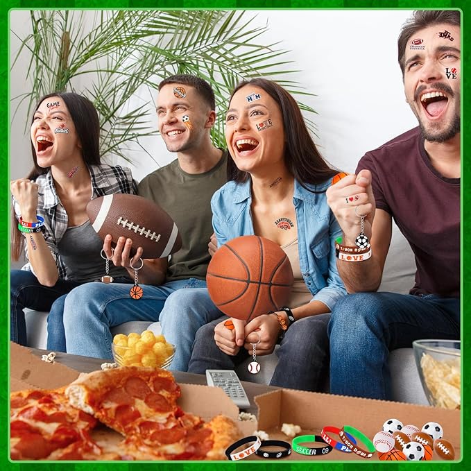 Aoriher Sport Party Favors for Kids, 15 Sets Sport Goodie Silicone Sport Bracelets Mini Stress Ball Keychain Temporary Tattoo Sticker Eraser for Sport Birthday Party Supplies Total 85 Pcs(Sport Ball)