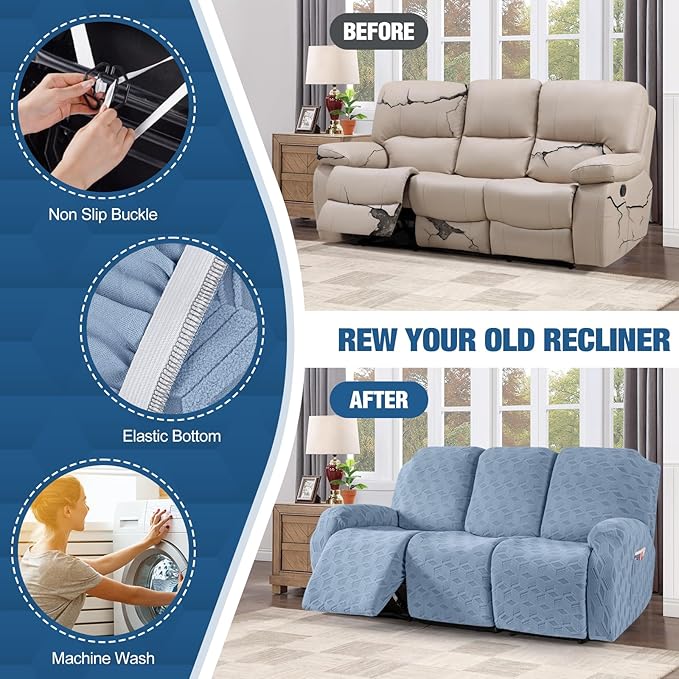 TAOCOCO Recliner Sofa Covers Stretch Reclining Couch Cover, Jacquard Recliner Couch Cover for 3 Seat Furniture Protector Sofa Slipcovers with Elastic Bottom for Kids, Pets (Light Blue)