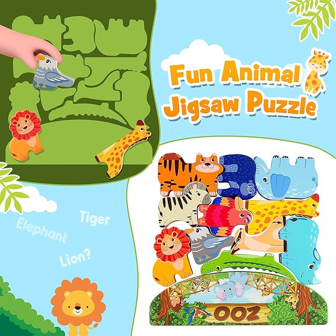 Animals Montessori Toddler Toys 2 3 4 5 6 7 Year Old Boys Girls Wooden Animal Blocks Stacking Toy Kids Easter Birthday Gifts for Boy Girl Age 3-7 Educational Toys Fine Motor Balance Game