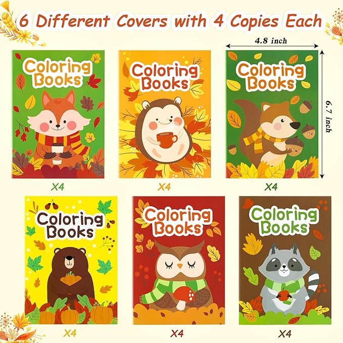 24Pcs Animal Theme Coloring Books for Kids Bulk Fall Mini Coloring Booklet Autumn DIY Art Drawing Book with Squirrel Hedgehog for Toddlers Halloween Thanksgiving Birthday Party Favor Goodie Bag Filler