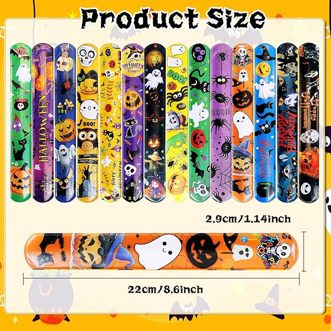 36pcs Halloween Slap Bracelets Assorted Bulk Pumpkin Snap Wristbands and 50Pcs Stickers Party Favors Gift Filler Supply