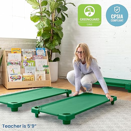 ECR4Kids Stackable Kiddie Cot, Ready-to-Assemble, Standard Size, Classroom Furniture, Green, 6-Pack