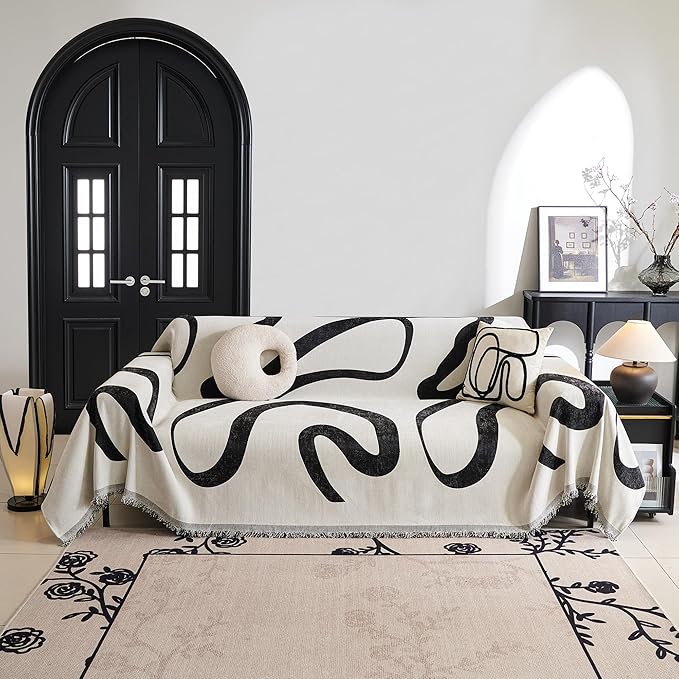 MYSKY HOME Couch Cover for 3 Cushion Couch Sofa Cover, Super Soft Boho Couch Covers for Dogs Washable, Jacquard Sofa Slipcover Furniture Protector for Living Room, 91" x 134", Black Curve