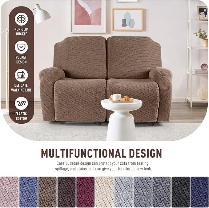 KinCam Recliner Covers, Stretch Reclining Chair Covers, Recliner Sofa Slipcovers Stripe Jacquard Recliner Couch Covers Furniture Protector Covers for Pet Kid (2 Seater, Light Coffee)