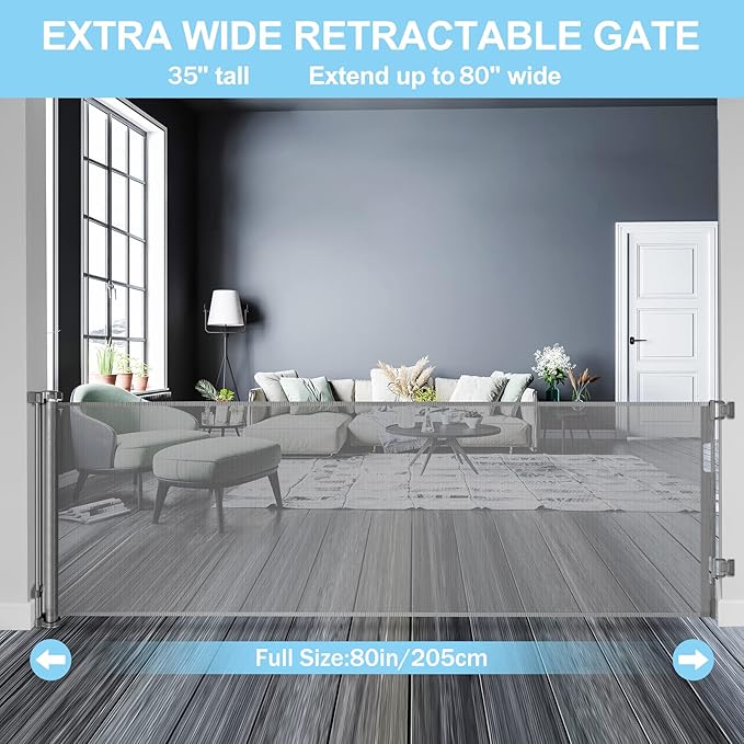 80 Inch Extra Large Retractable Baby Gates Extra Wide Baby Gates for Large Openings Indoor Pet Gates for Dogs Indoor Big baby Gate for Doorways Extra Long Baby Gate Outdoor Pet gate for Doorway (Grey)