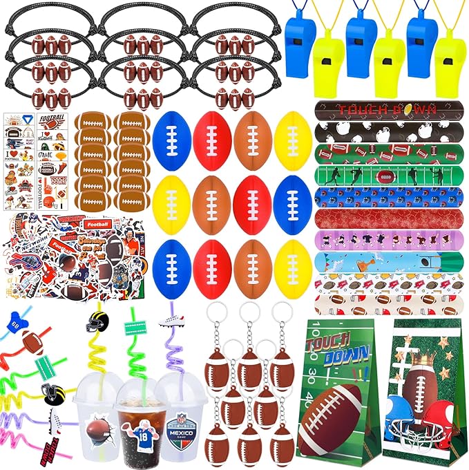 320pcs Football Party Favors with Football Party Bags Football Whistle Mini Foam Football Slap Bracelets Keychains Sticker Tattoo for Party Goodie Bag Fillers Football Party Decorations