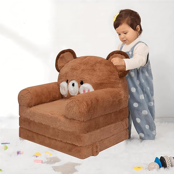 MONKISS 2-in-1 Toddler Couch Bear Chairs Comfy, Kids Chair Couch, Mini Couch, Flip Out Sherpa Kids Sofa, Baby Couch, Chair for Toddlers 1-3, Kids Lounge Chair Reading Chair, Kids Couch Bed Fold Out