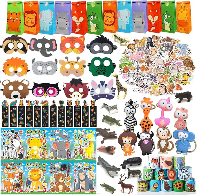 158 pcs Safari Party Favors for 12 kids ，Jungle Safari Birthday Party Supplies, Wild Animal Goodie Bags ,Safari Birthday Decorations Gift Bag Fillers Pinata Stuffers, Wild Animals Themed Party Toys