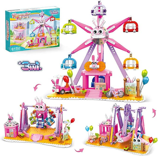3 in 1 Easter Bunny Amusement Park Building Set, 823 PCS Rebuildable Ferris Wheel Rocking Hammer & Boat, Compatible with Lego Friends, Ideas Birthday Gift Toy for Kids Girls Age 6-12
