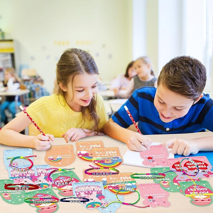 24Pack Kids Valentines Day Cards, Valentine Cards with Bead Bracelets, Valentines Day Gifts for Kids Classroom Prizes, Valentine School Exchange Gifts, Valentine’s Day Class Favors, Friendship Cards