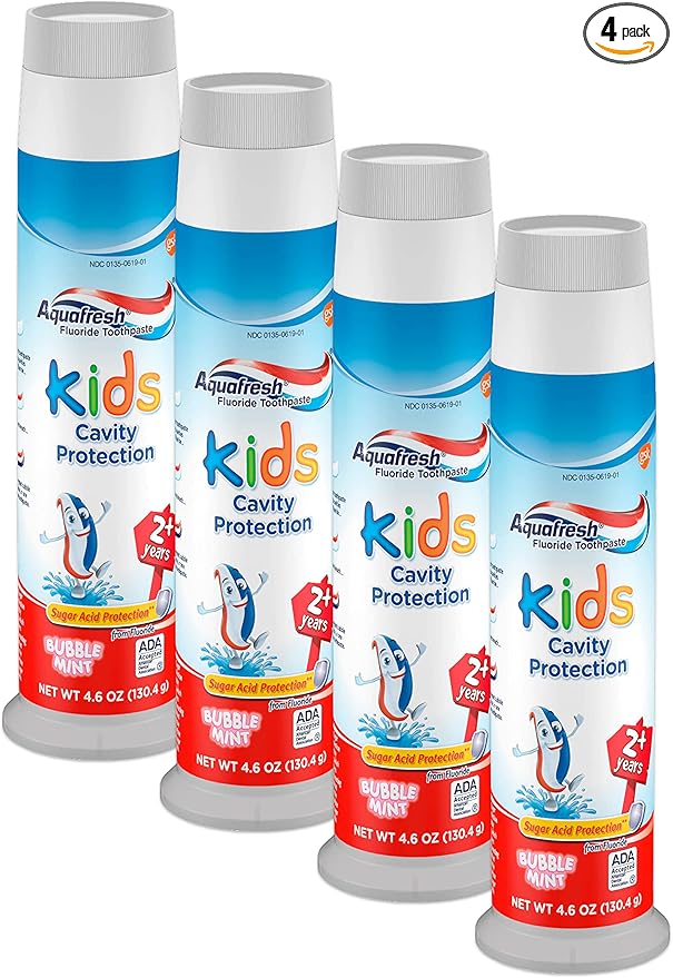 Aquafresh Kids Fluoride Toothpaste Bubble Mint Pump - 4.6 oz, Pack of 4