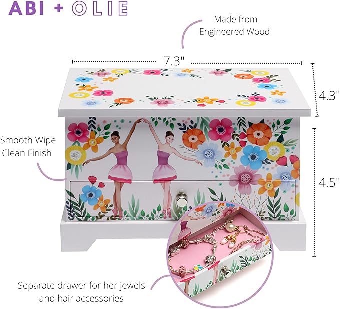 ABI + OLIE Ballerina Kids Jewelry Box for Girls - Little Girls Jewelry Box - Musical Jewelry Box for Girls 4-6 and 6-12- Music Boxes for Girls - Perfect Dance Recital & Birthday Gifts