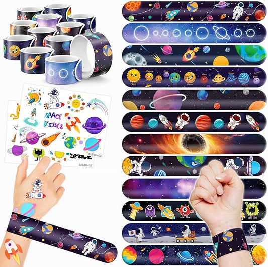 48PCS Space Party Favors - 24PCS Tattoos & 24PCS Slap Bracelets - Astronaut & UFO Birthday Supplies, Classroom Prizes, Party Gifts for Kids & Boys