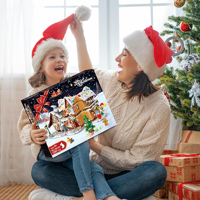 3 Style Christmas Gingerbread House Building Set with LED Light - 2024 Snowscape Village House Building Block Toy with Santa Claus Xmas Tree Train Gifts for Adults Kids Girls Boys Ages 8+ (1397 PCS)