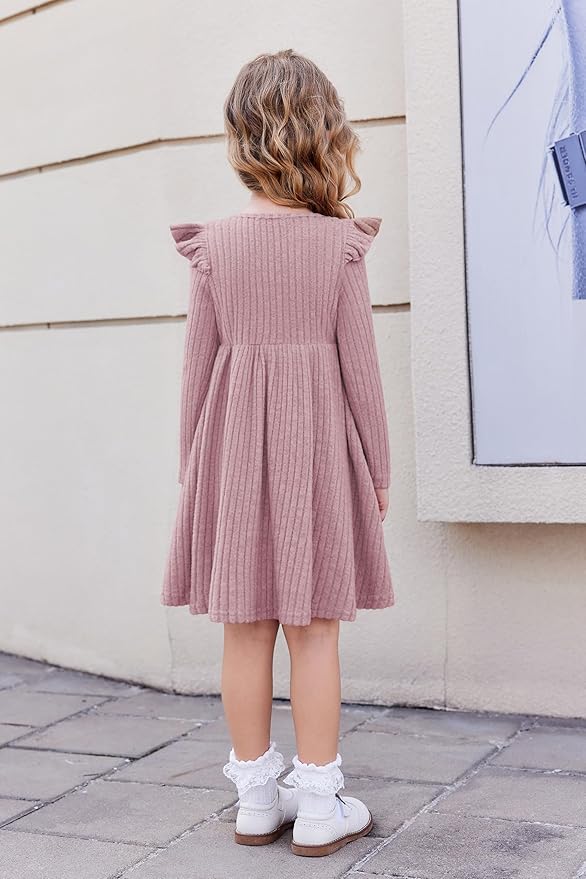 Arshiner Toddler Girl Dress Baby Girls Knitted Ruffle Sleeve Pocket Dresses A-Line Flared Fall Winter Clothes for 2-8 Years