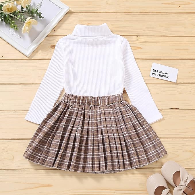 Fernvia Toddler Baby Girl Fall Winter Skirt Set Turtleneck Ribbed Long Sleeve T-Shirt Top & Plaid Skirts Dress 2Pcs Outfits