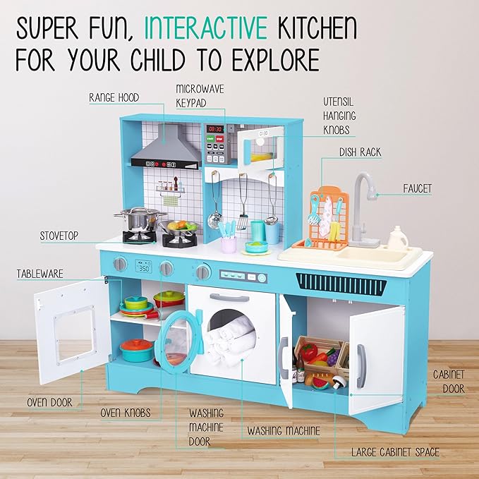 Lil' Jumbl Kids Wooden Blue Color Kitchen Set, Pretend Working Sink with Real Running Water, Includes Range Hood, Microwave & Stove Top That Make Realistic Sound & Light, Full Accessory Set Included