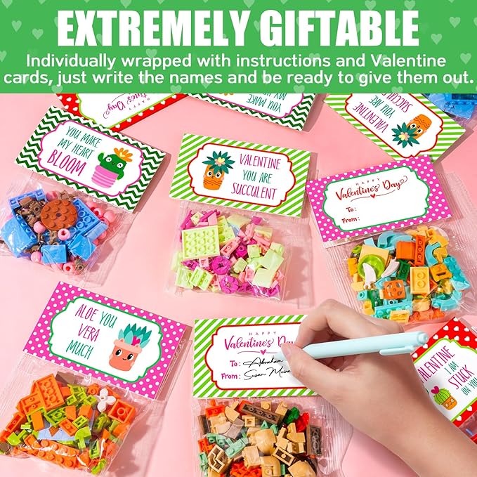 24 Pack Valentines Day Gifts for Kids 6-12, Succulents Flower Bouquets Building Blocks with Gift Cards for School Classroom, Boy Girl Class Valentine Party Favors Exchange Gift Goodie Bag Stuffers
