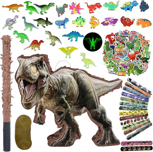 142 Pcs Dinosaur Piñata Party Set - Small Jungle Dinosaur Piñata Set with Blindfold and Bat Include Kids Dinosaur Themed Party Favors for Boys and Girls(Small Size Piñata 14.5”x12.5”x3”)