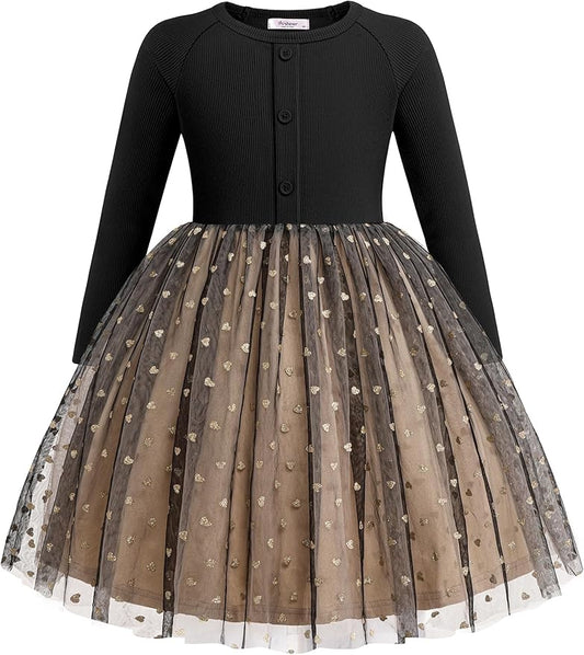 Arshiner Toddler Girls Tutu Dress Long Sleeve Fall Winter Button Front Party Tulle Dresses 2-8Y