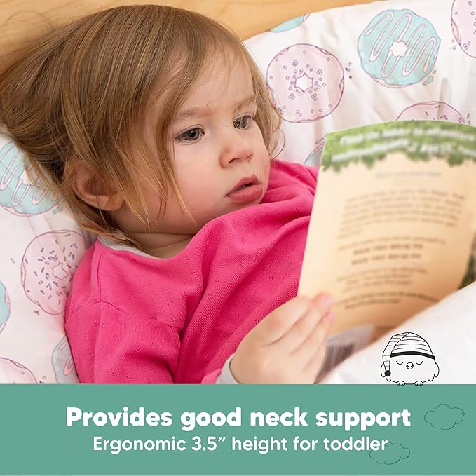 Toddler Pillow with Pillowcase - 13x18 My Little Dreamy Pillow, Organic Cotton Toddler Pillows for Sleeping, Kids Pillow, Travel Pillows, Mini Pillow, Nursery Pillow, Toddler Bed Pillow (Donuts)