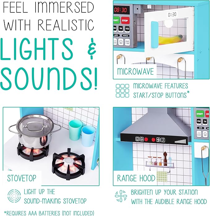 Lil' Jumbl Kids Wooden Blue Color Kitchen Set, Pretend Working Sink with Real Running Water, Includes Range Hood, Microwave & Stove Top That Make Realistic Sound & Light, Full Accessory Set Included