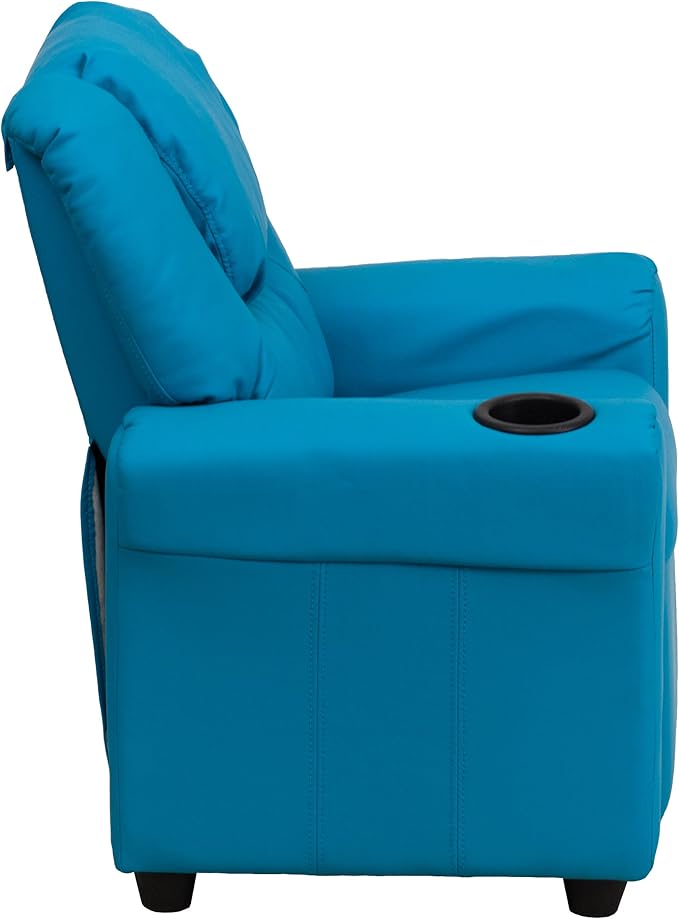 Flash Furniture Vana Vinyl Kids Recliner with Cup Holder, Headrest, and Safety Recline, Contemporary Reclining Chair for Kids, Supports up to 90 lbs., Turquoise